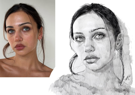 A side-by-side display showcasing a source photograph next to a hand-drawn fine art portrait.