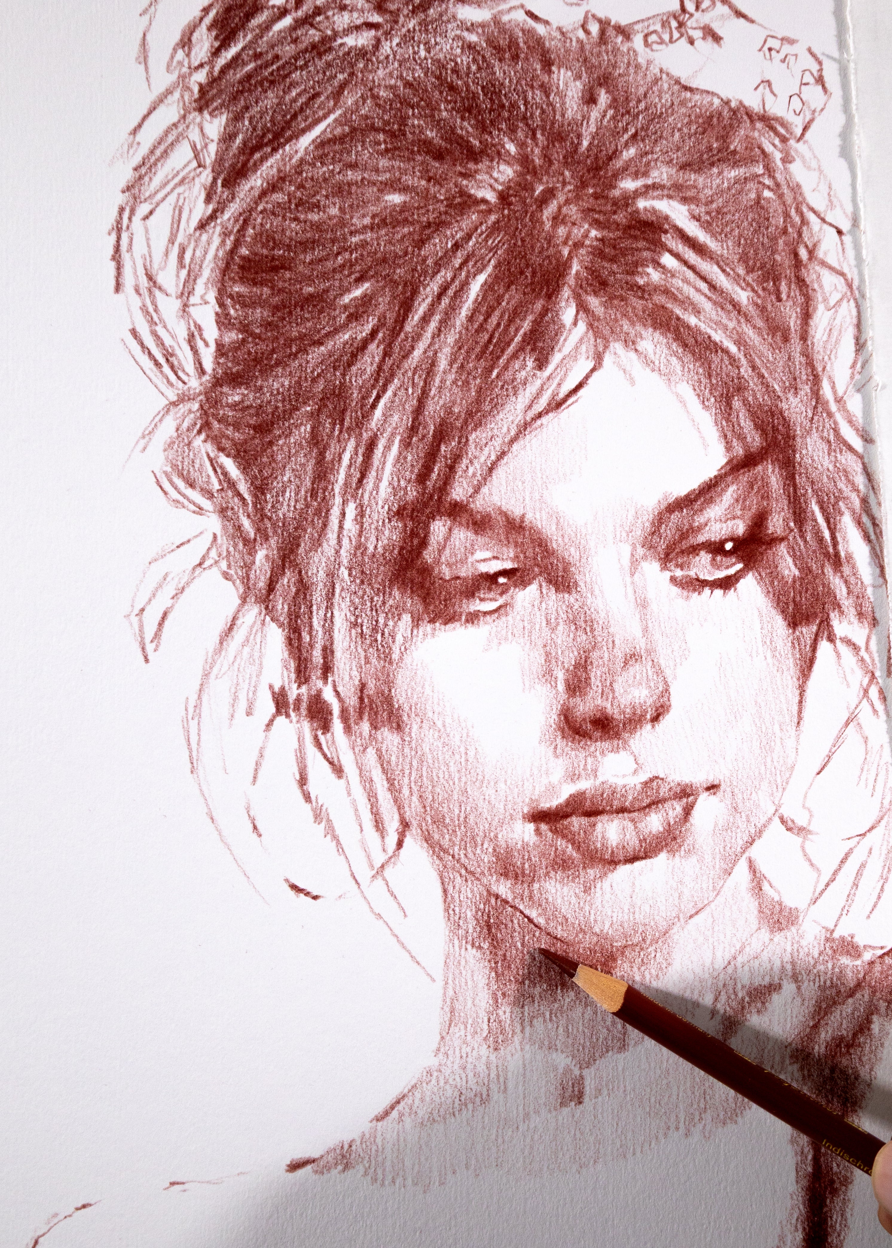 Female portrait fine art commission — polychromos sepia tones on archival cotton paper — Houston artist Andros Karr