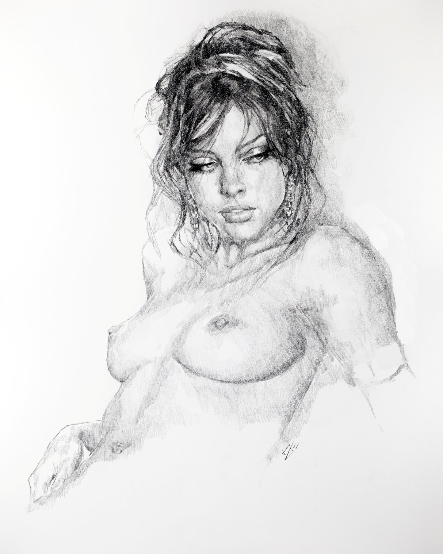 Pencil drawing of a nude woman with a soft focus effect.