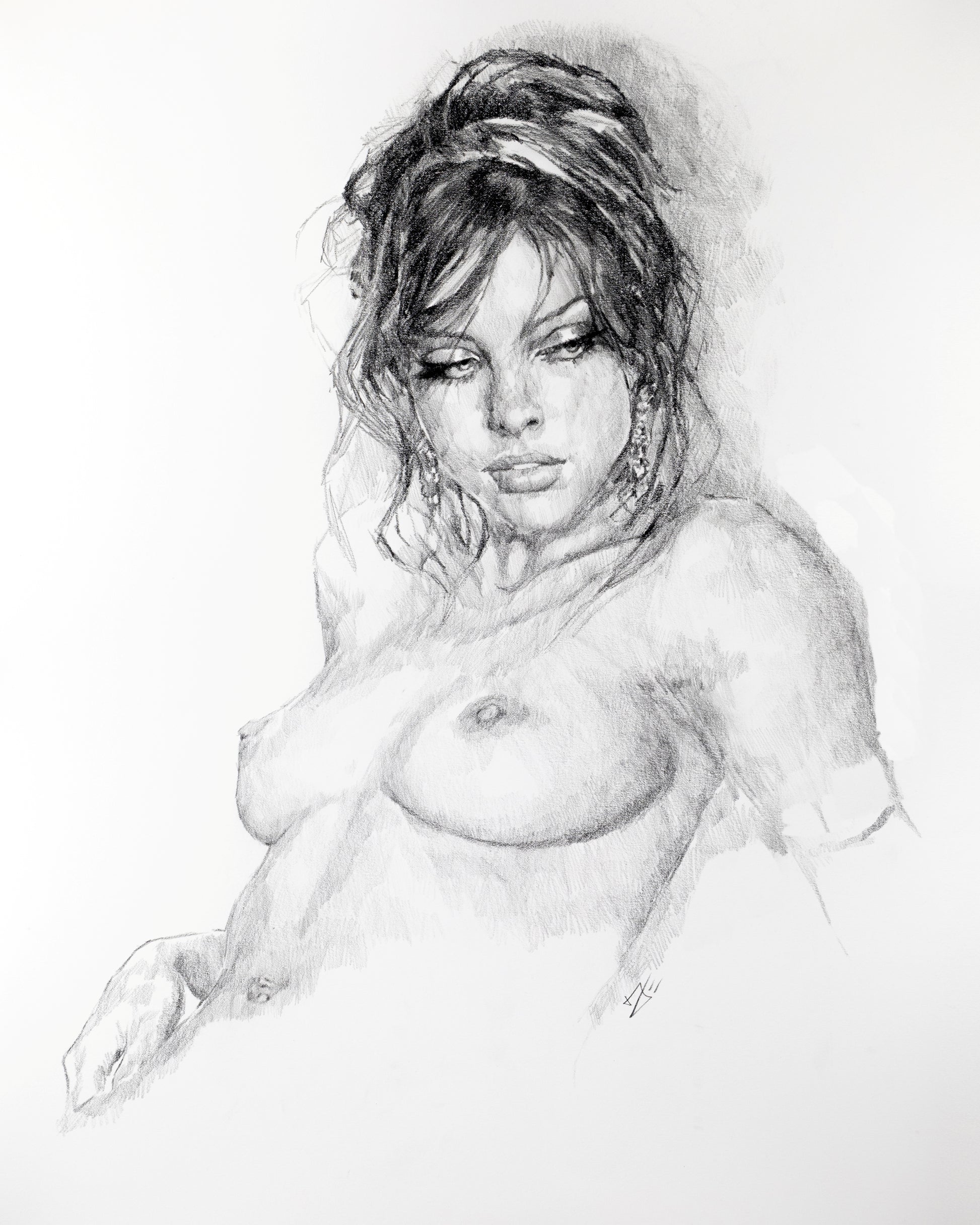 Pencil drawing of a nude woman with a soft focus effect.