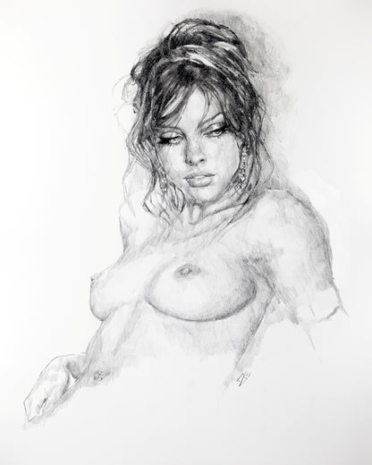 Pencil drawing of a nude woman with a soft focus effect.