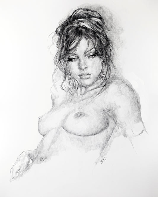 Pencil drawing of a nude woman with a soft focus effect.