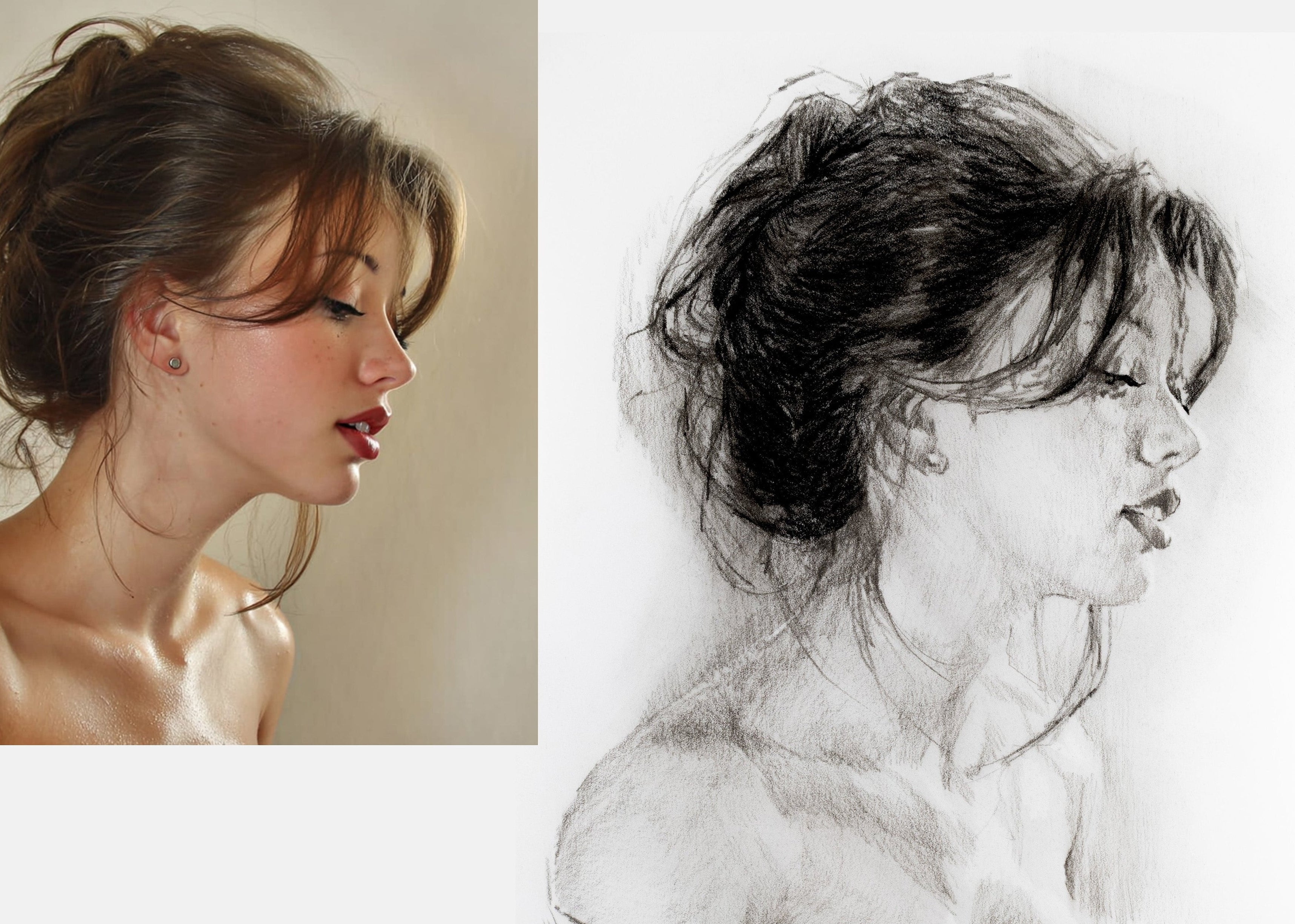 Client photo beside the finished hand-drawn charcoal portrait — custom portrait from photo by Houston artist Andros Karr