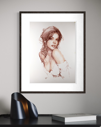 Hand-drawn sepia portrait of a woman, framed, by Houston artist Andros Karr.