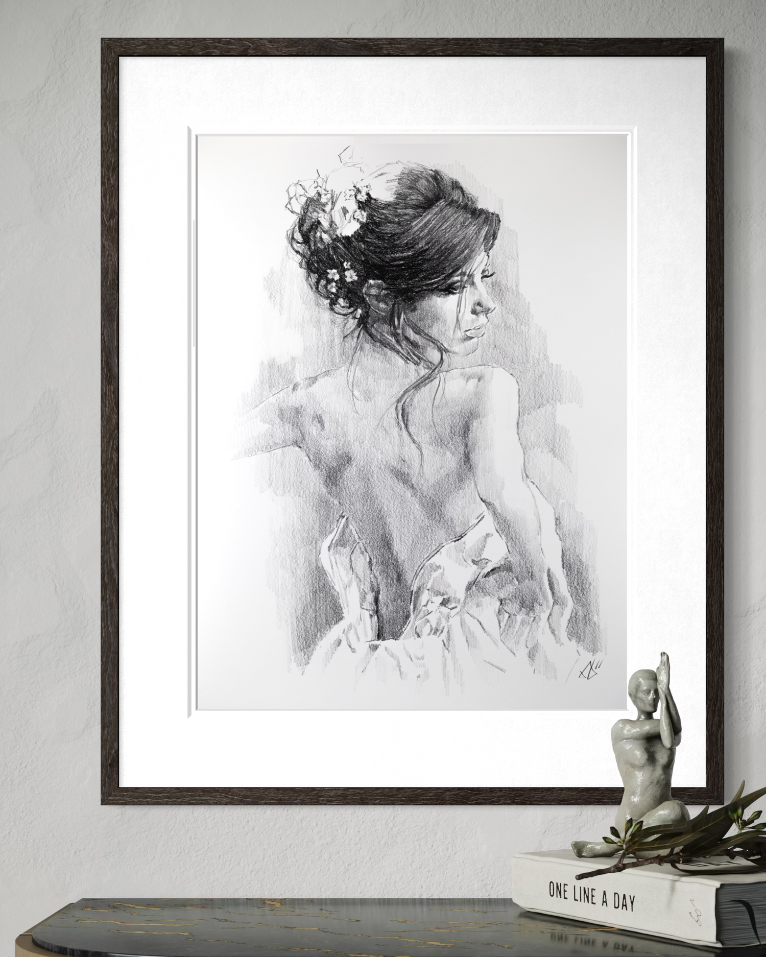 Female half-figure fine art commission — graphite on archival cotton paper — Houston artist Andros Karr