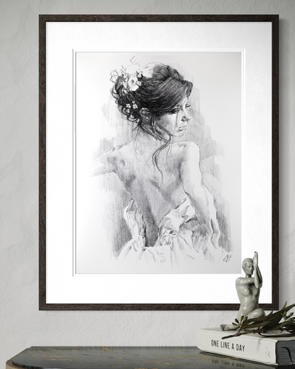 Female half-figure fine art commission — graphite on archival cotton paper — Houston artist Andros Karr