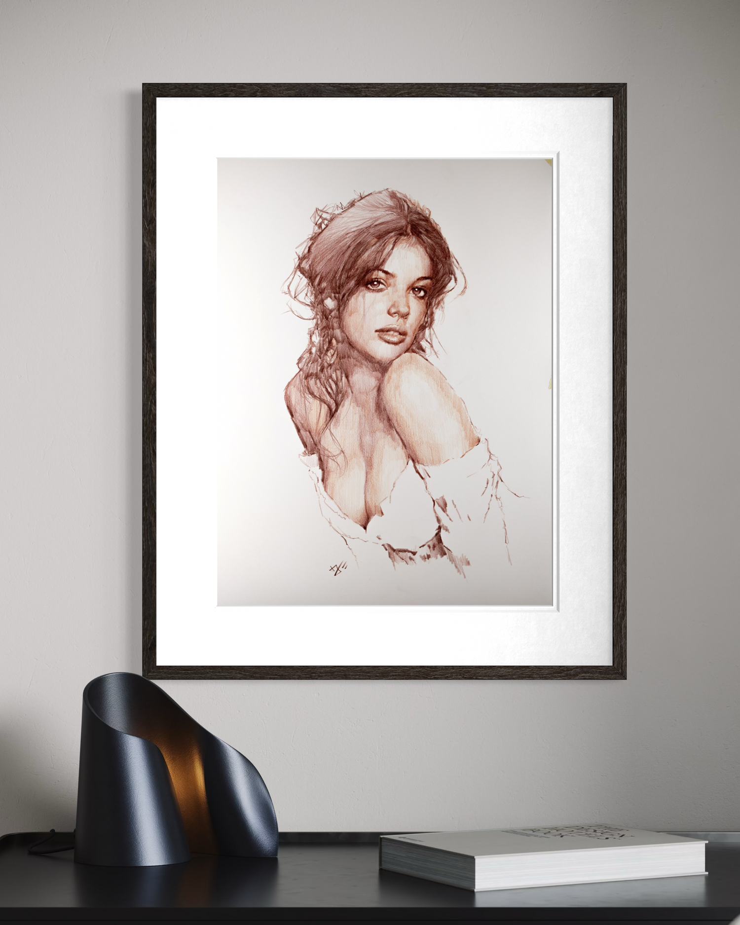 Female figurative portrait commission — polychromos sepia tones on archival cotton paper — Houston fine art studio Andros Karr