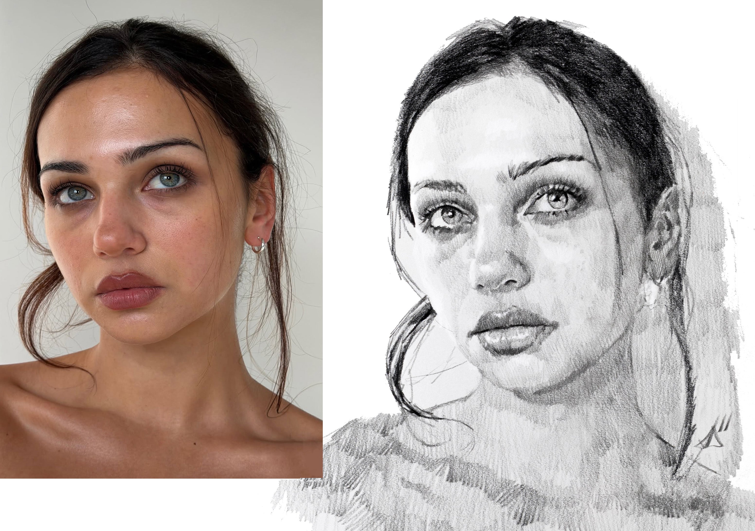 Reference photo and completed graphite and charcoal portrait side by side — hand-drawn from a photo, museum-grade cotton paper