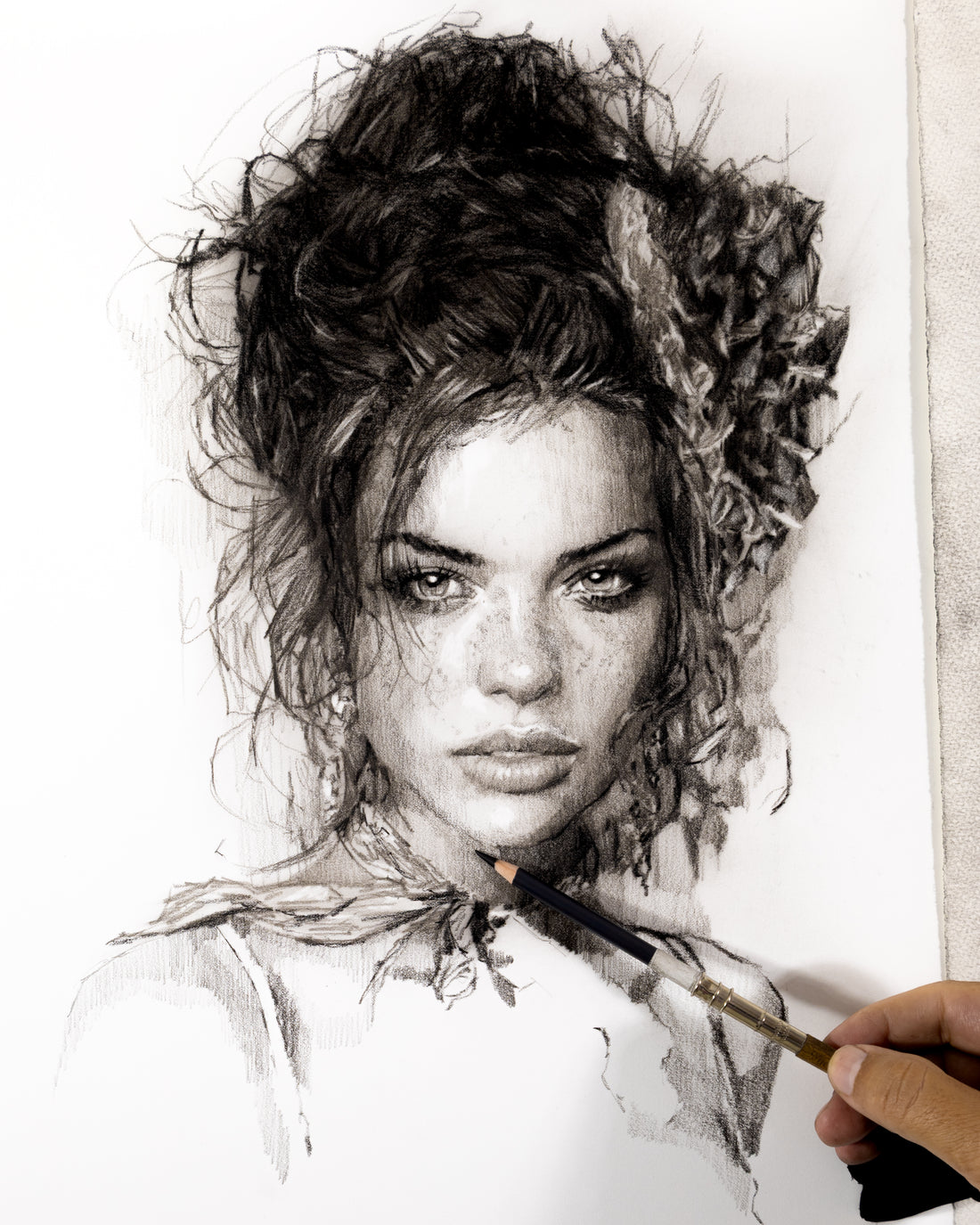 Watch artist Andros Karr hand-draw an original charcoal portrait of a woman from start to finish — a one-of-one custom commission on museum-grade cotton paper.