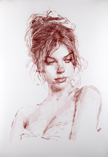 Original portrait in sepia and red chalk on museum-grade cotton paper, 18 x 24 in — hand-drawn by Andros Karr, Houston