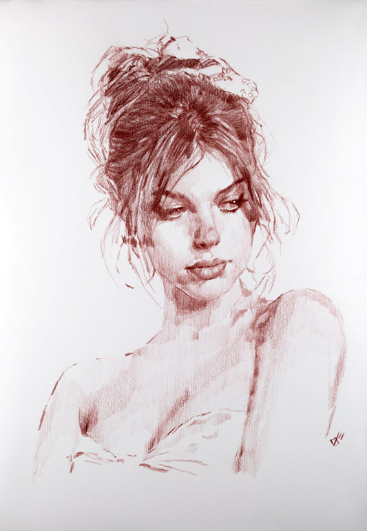 Original portrait in sepia and red chalk on museum-grade cotton paper, 18 x 24 in — hand-drawn by Andros Karr, Houston